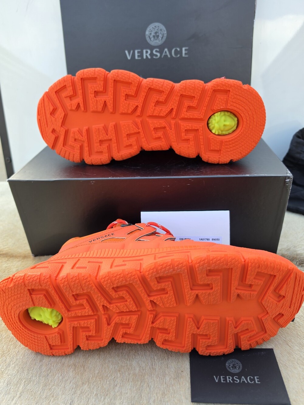 Versace Orange Canvas and Leather Trigreca Lace Up Sneakers Size 44 - Picture 7 of 10